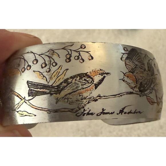 2 Vtg Reed and Barton Silver Damascene Birds Audubon & Heart Cuff Bracelets - Picture 7 of 9